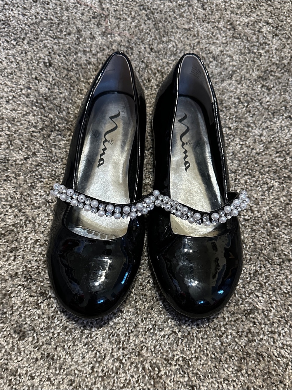 Nina Black Patent Pearl-Strap Mary Jane Heels